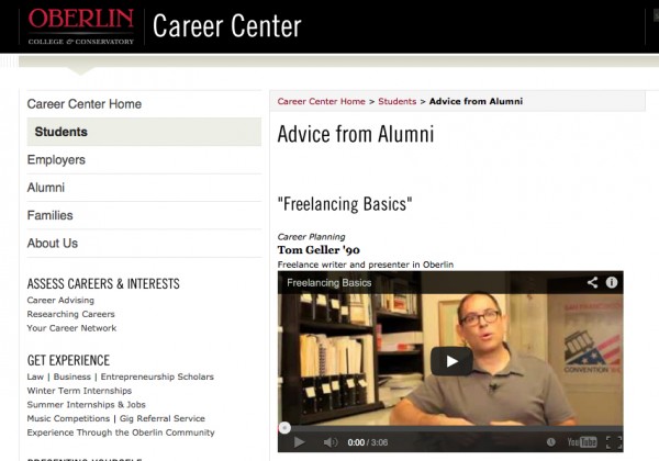 20131126-tgeller-career-advice.jpg Screenshot of video as it appears on Oberlin College site