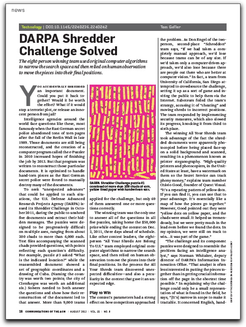 Screenshot of CACM article about the DARPA Shredder Challenge