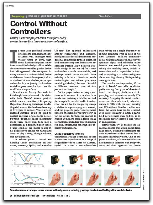 Screenshot of CACM article about the Touché sensor project