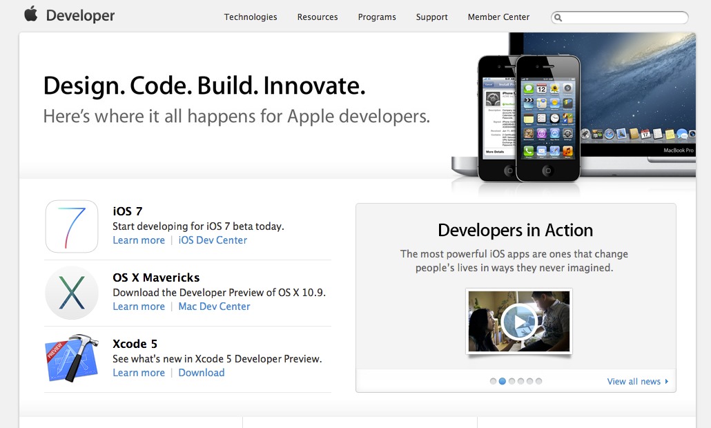 Screenshot of the Apple Developer Connection homepage