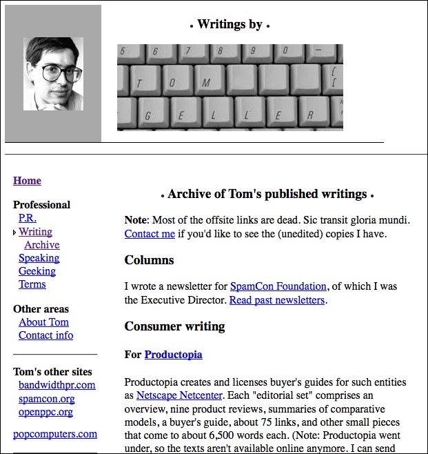 Screenshot of the website holding my pre-2005 writing